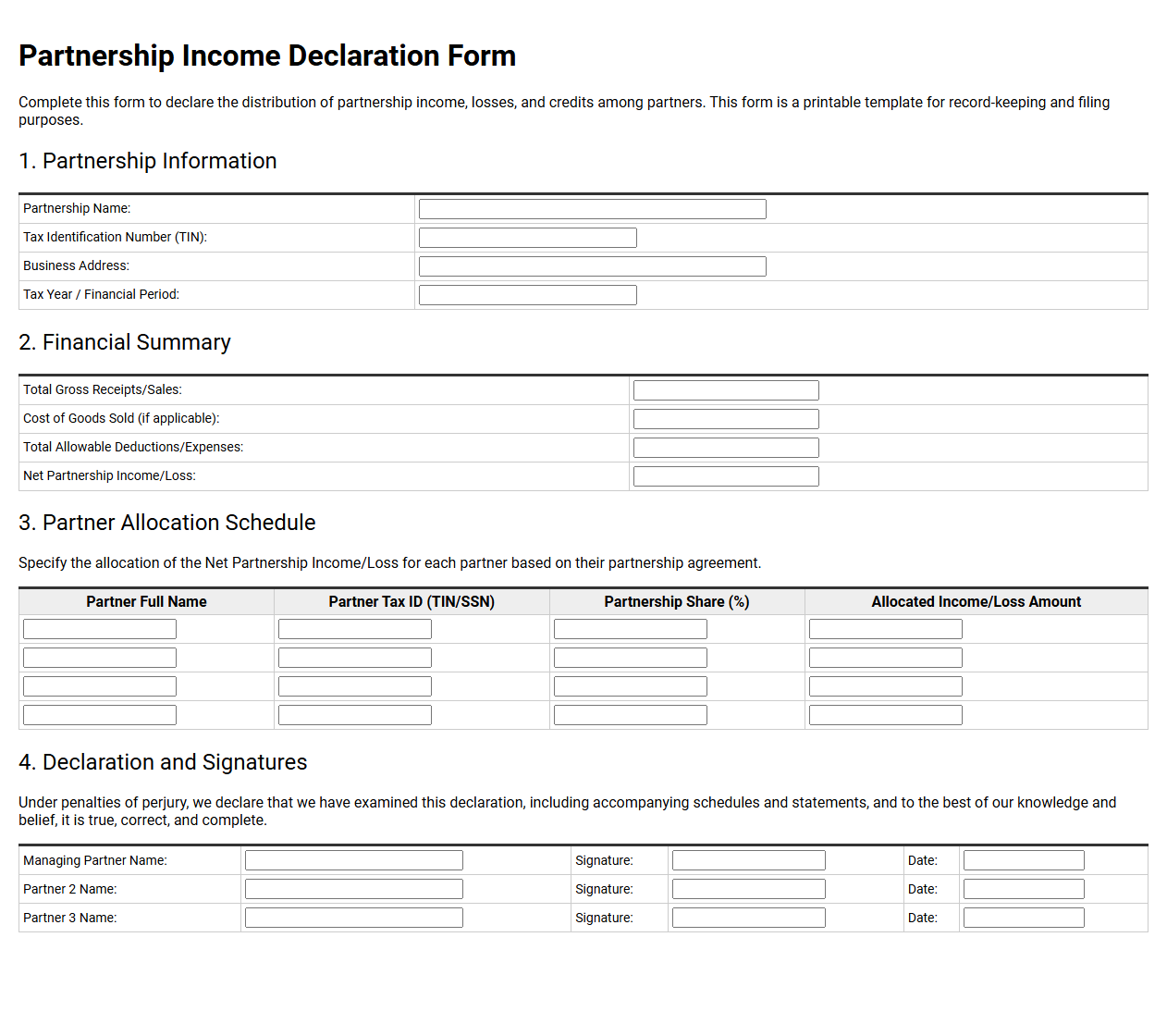 Partnership Income Declaration Form Template