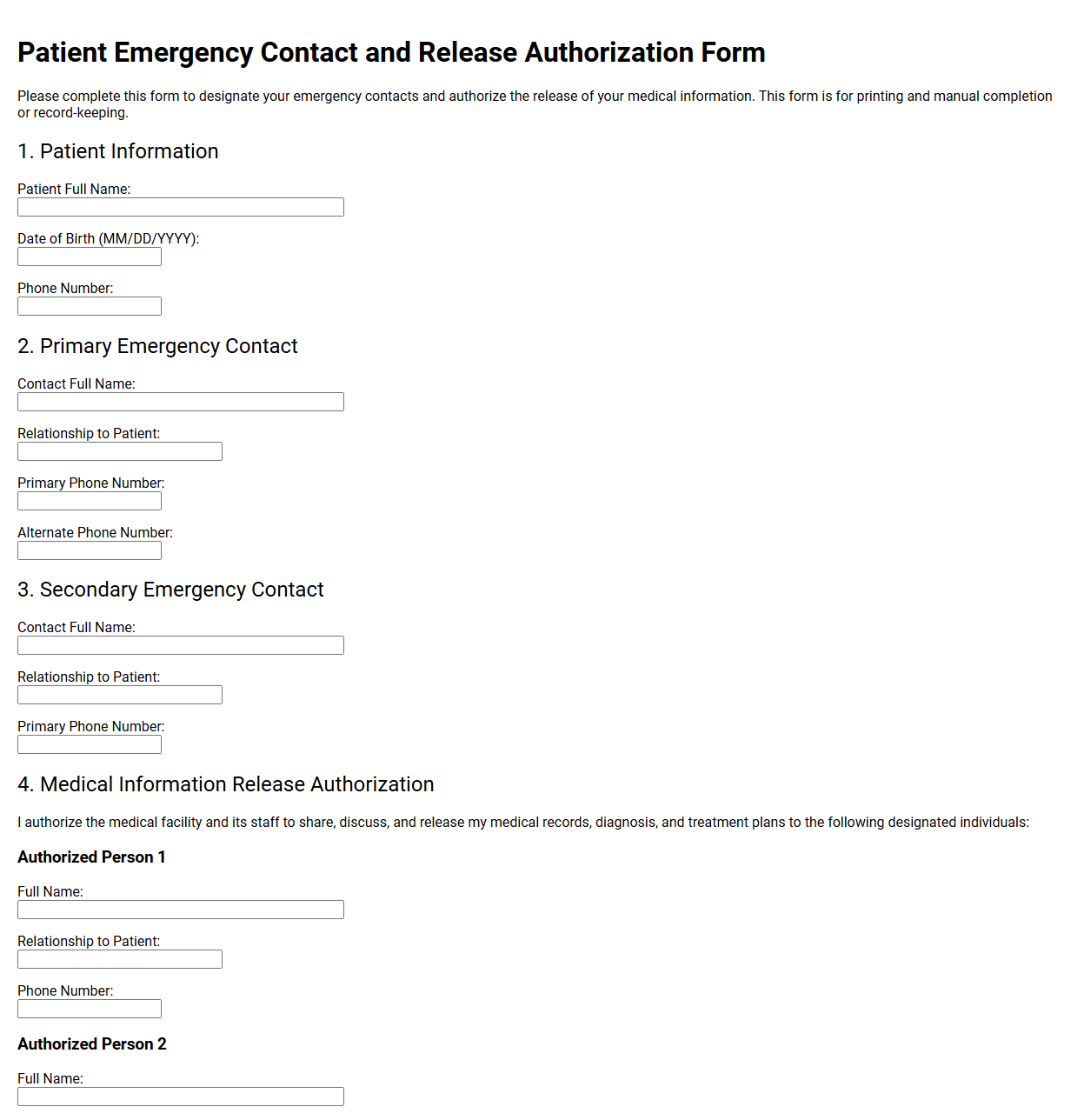 Patient Emergency Contact and Release Authorization Form