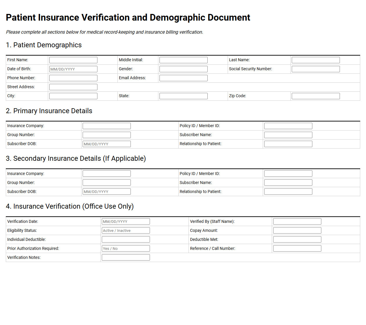 Patient Insurance Verification and Demographic Document