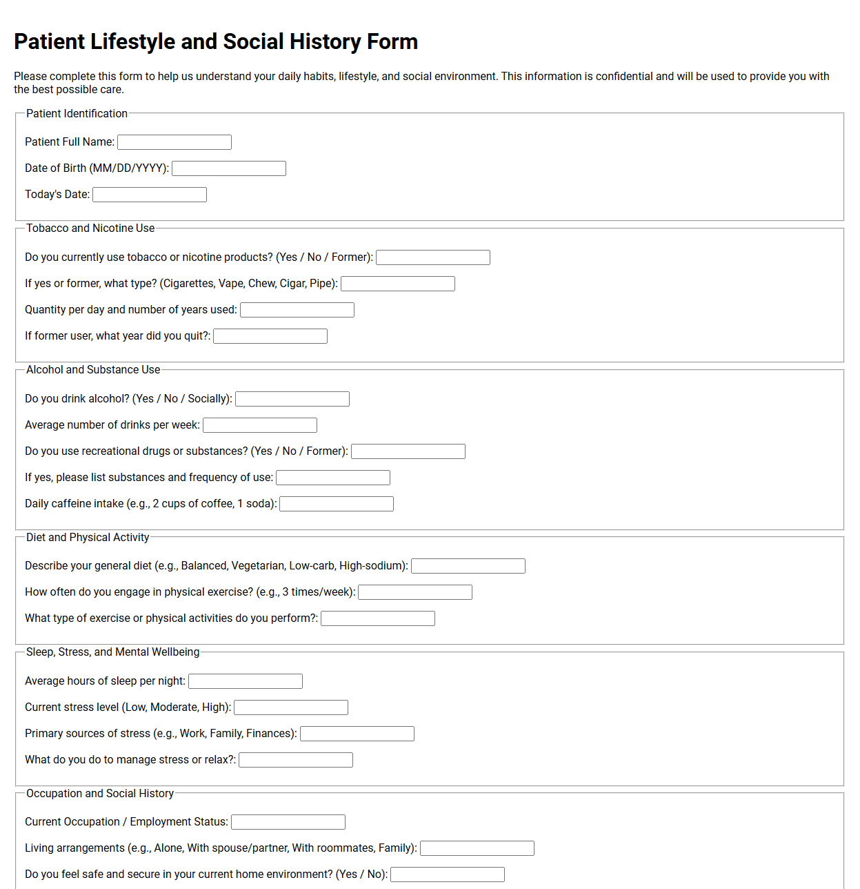 Patient Lifestyle and Social History Form