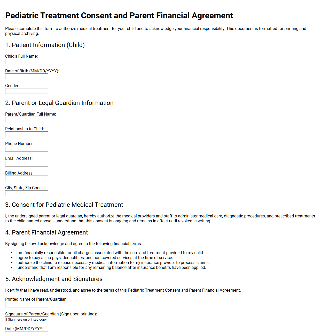 Pediatric Treatment Consent and Parent Financial Agreement