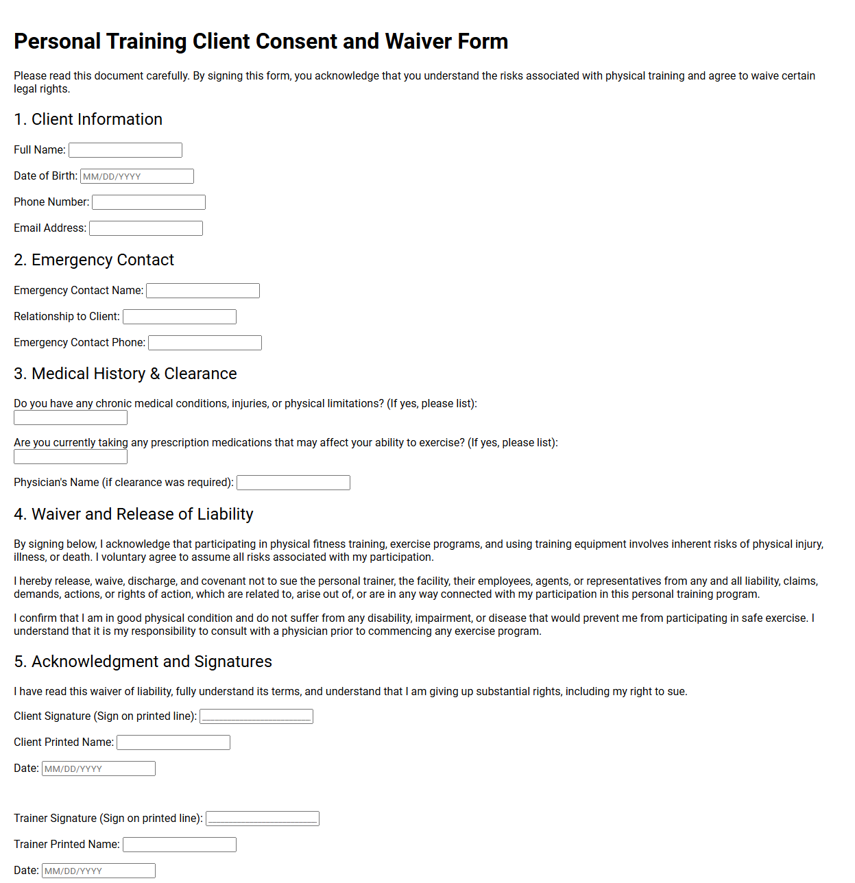 Personal Training Client Consent and Waiver Form