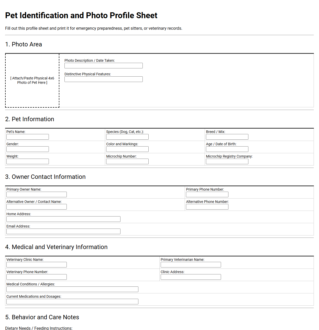 Pet Identification and Photo Profile Sheet