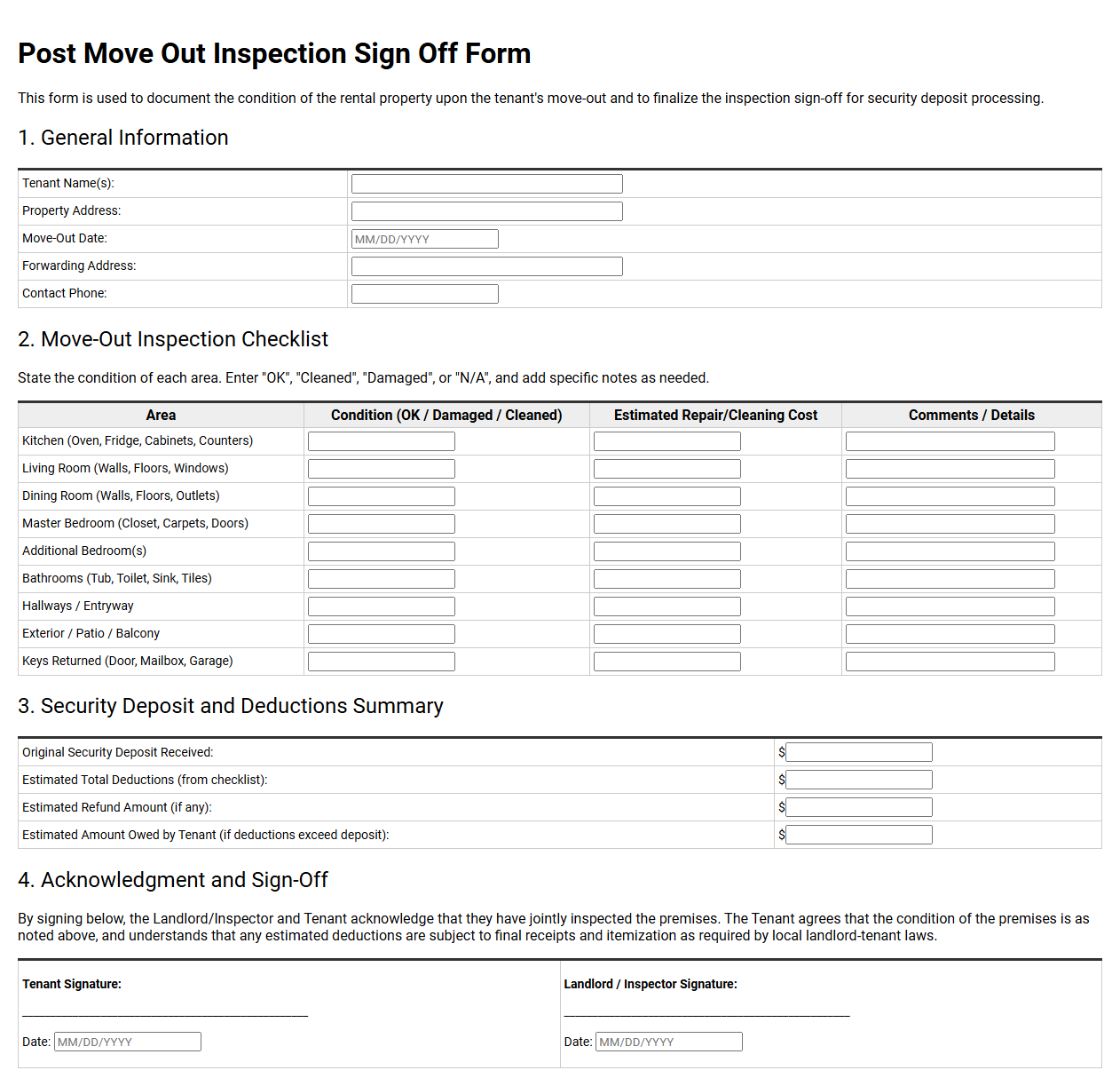Post Move Out Inspection Sign Off Form
