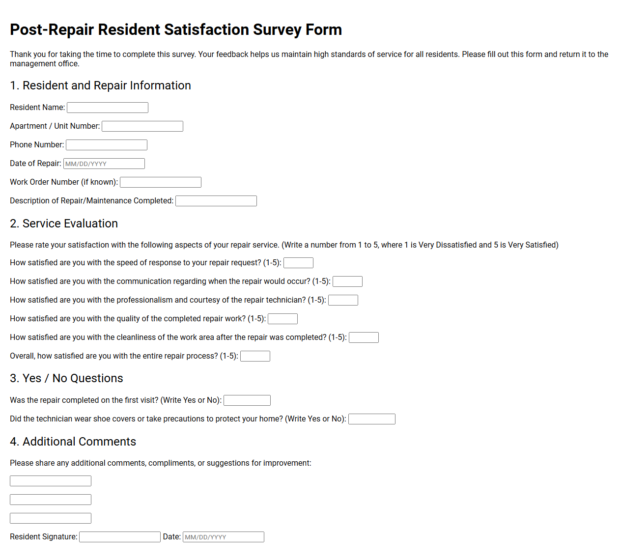 Post-Repair Resident Satisfaction Survey Form