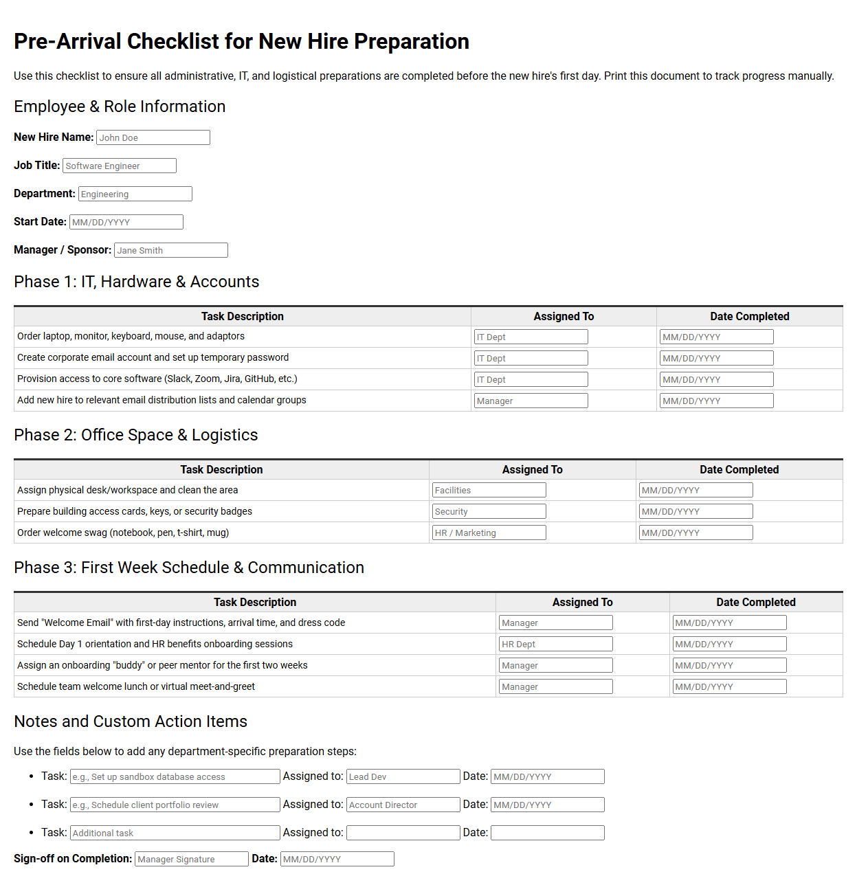 Pre-Arrival Checklist for New Hire Preparation