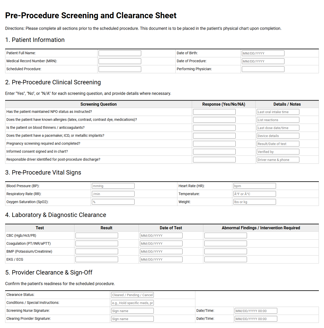 Pre-Procedure Screening and Clearance Sheet