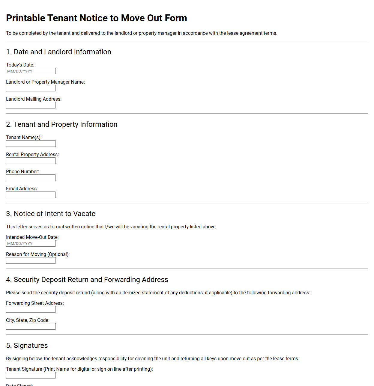 Printable Tenant Notice to Move Out Form
