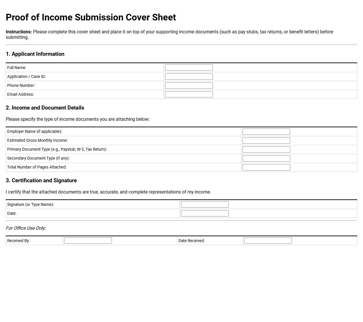 Proof of Income Submission Cover Sheet