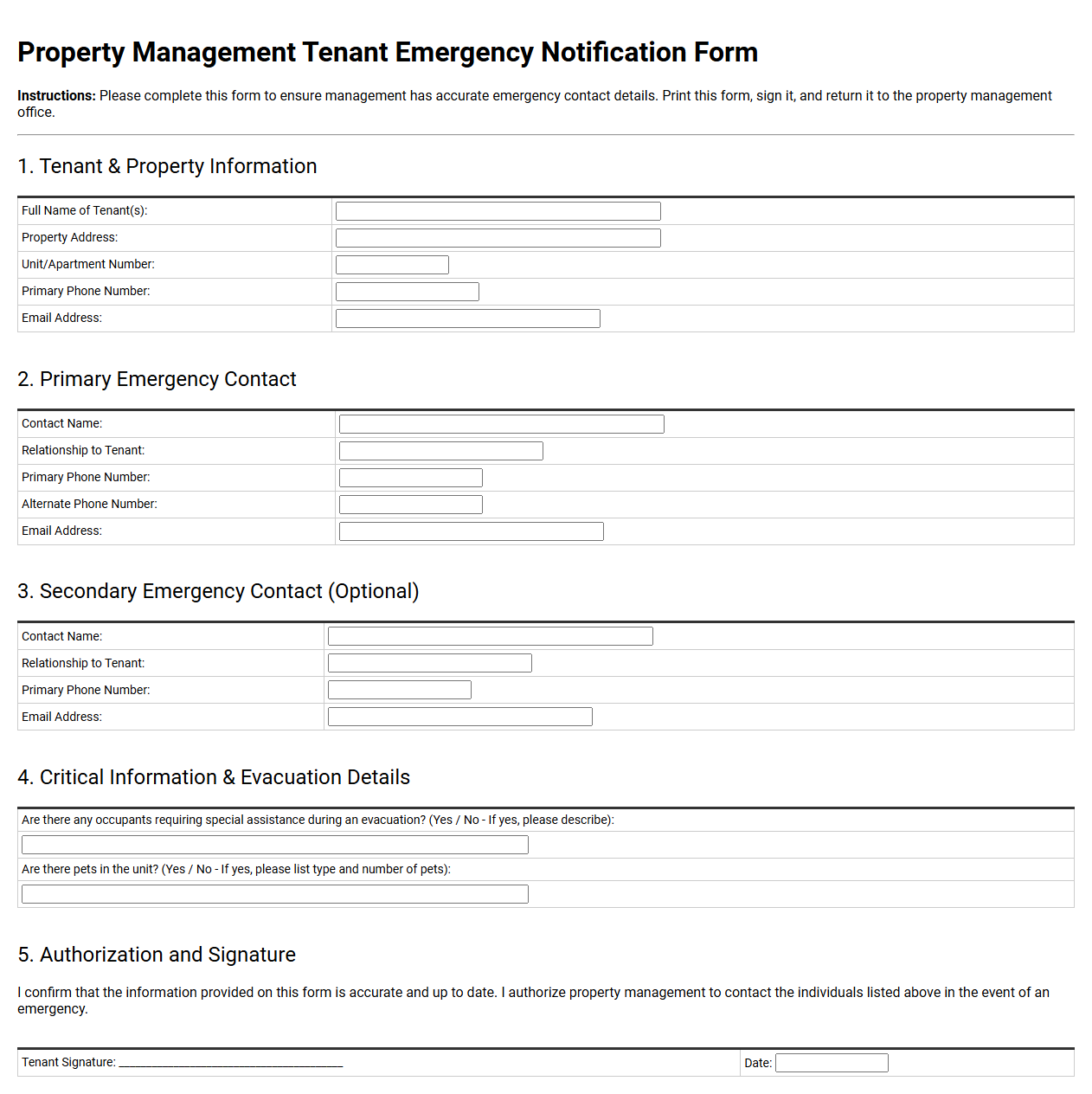 Property Management Tenant Emergency Notification Form