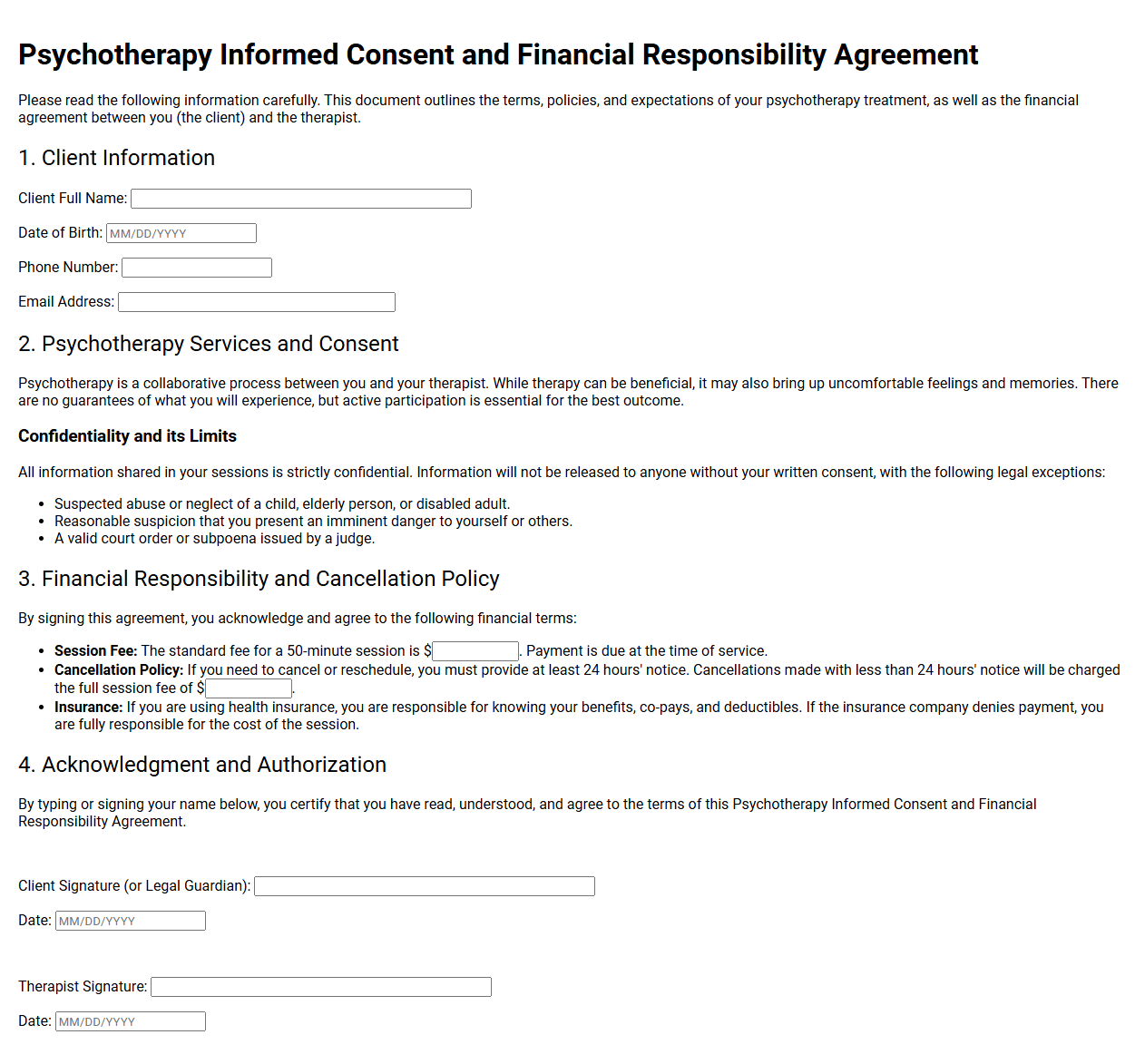 Psychotherapy Informed Consent and Financial Responsibility Agreement