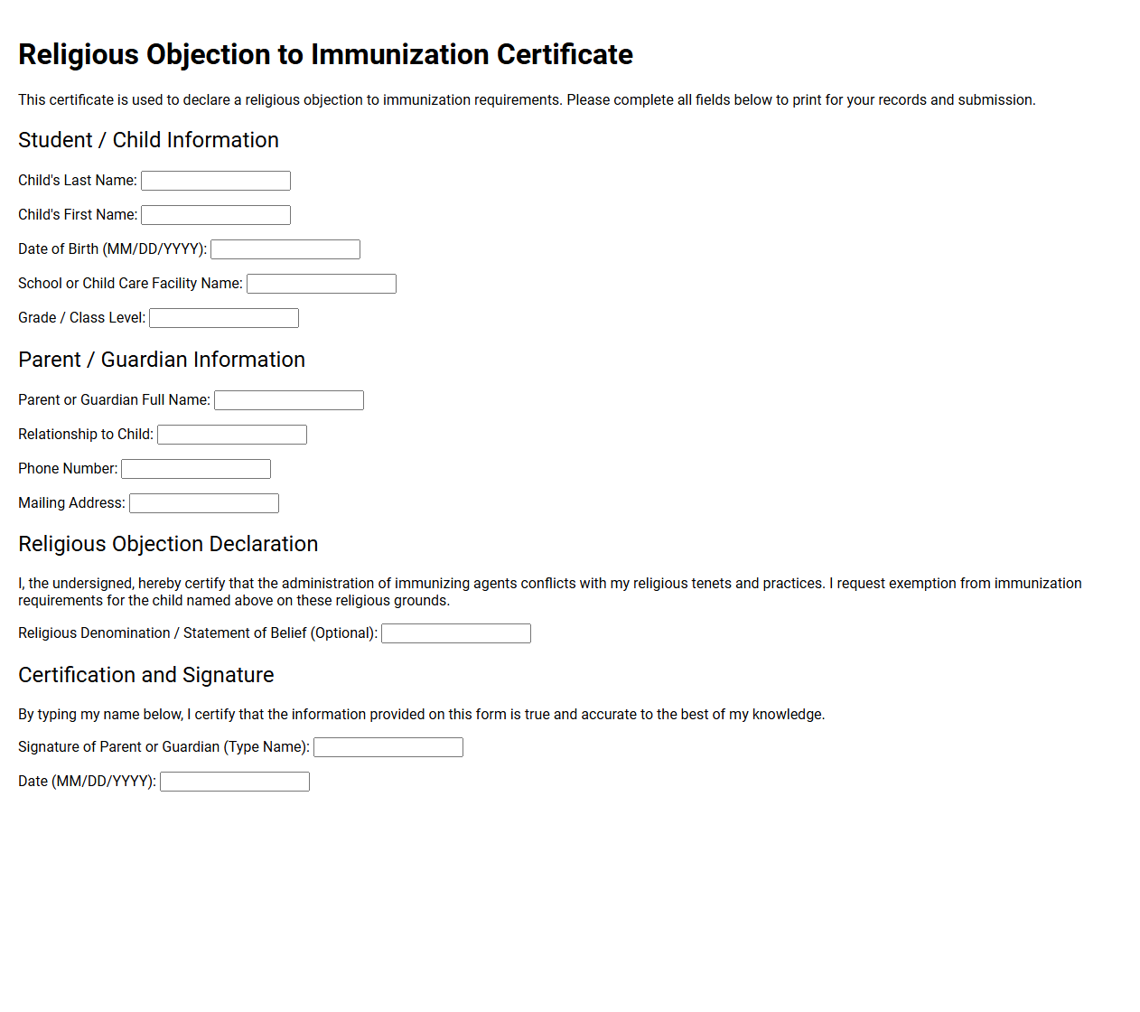 Religious Objection to Immunization Certificate