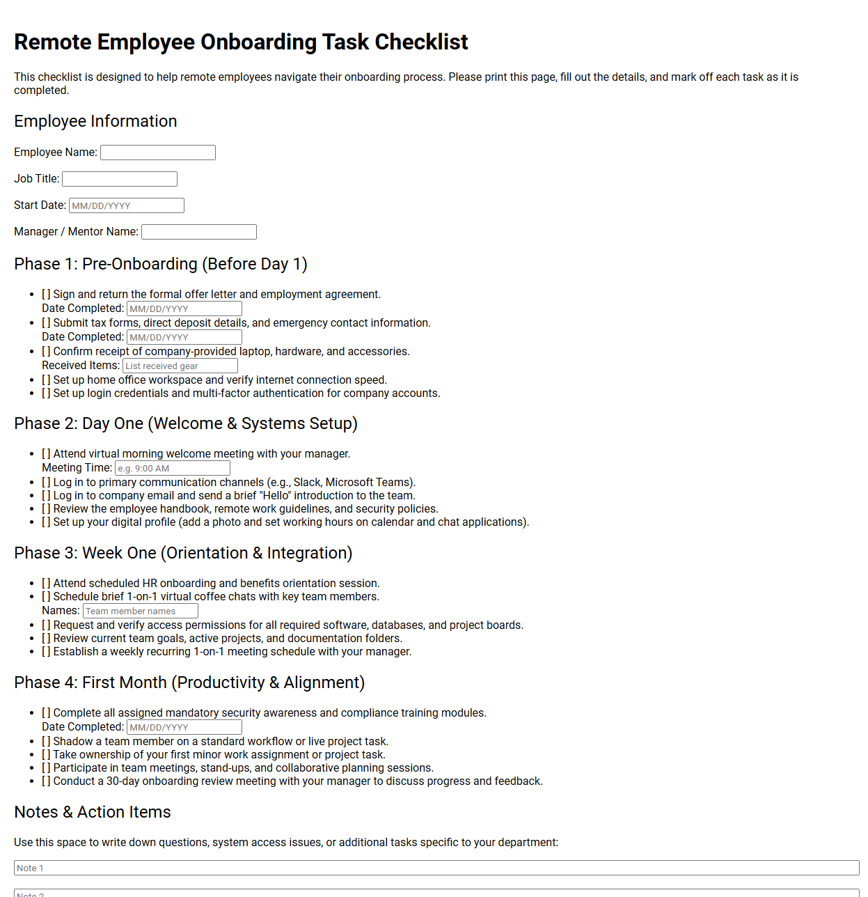 Remote Employee Onboarding Task Checklist