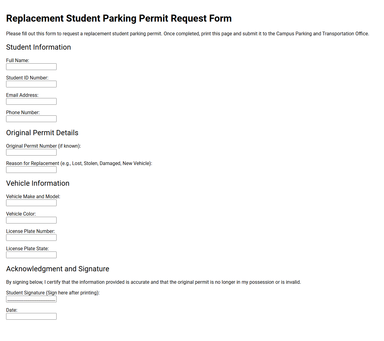 Replacement Student Parking Permit Request Form