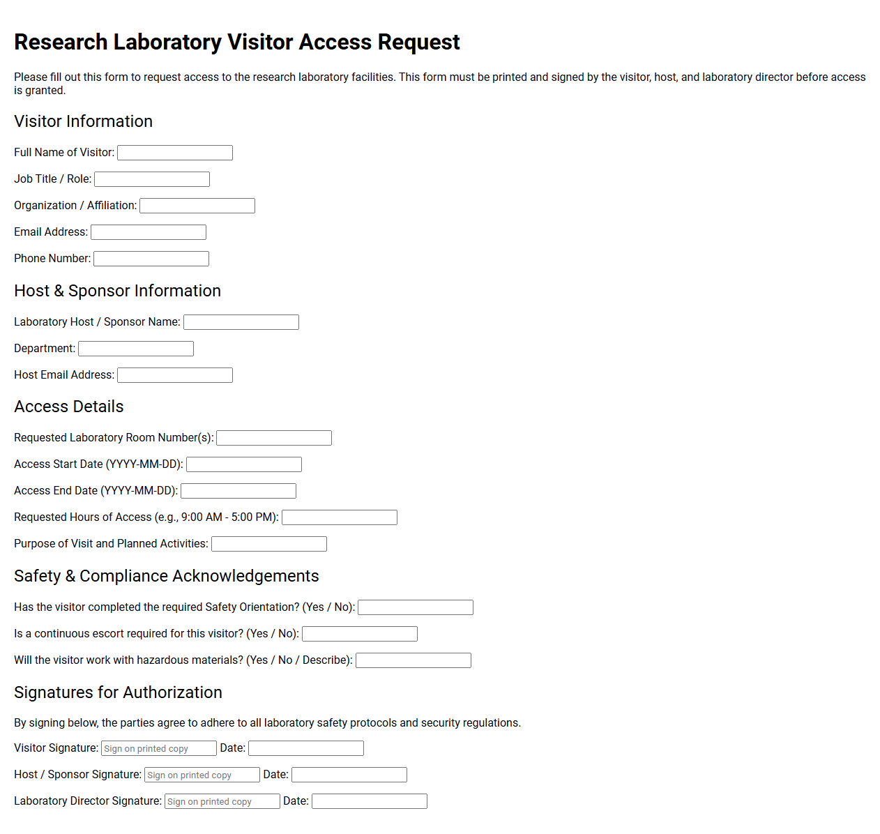 Research Laboratory Visitor Access Request