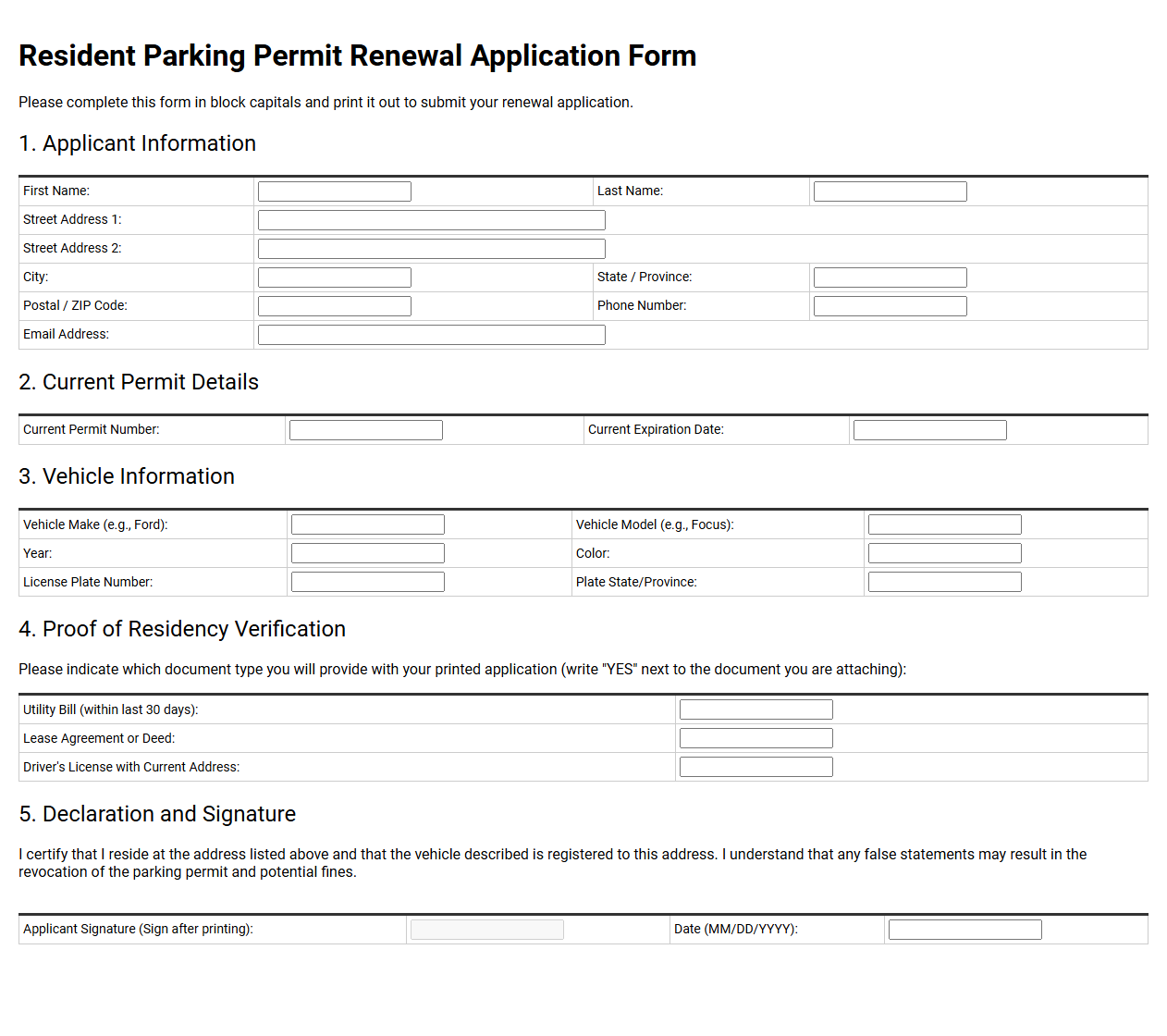 Resident Parking Permit Renewal Application Form
