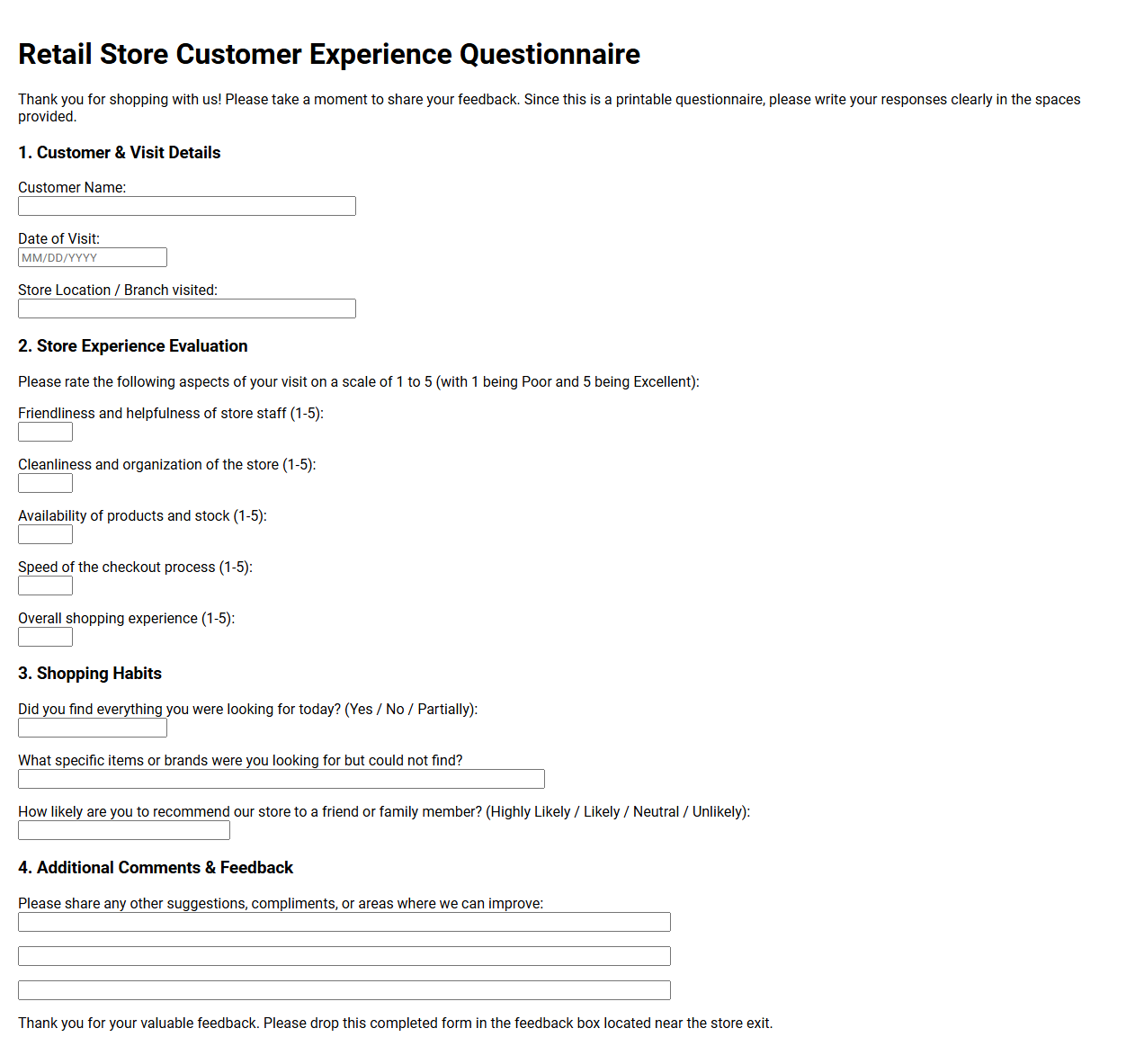 Retail Store Customer Experience Questionnaire