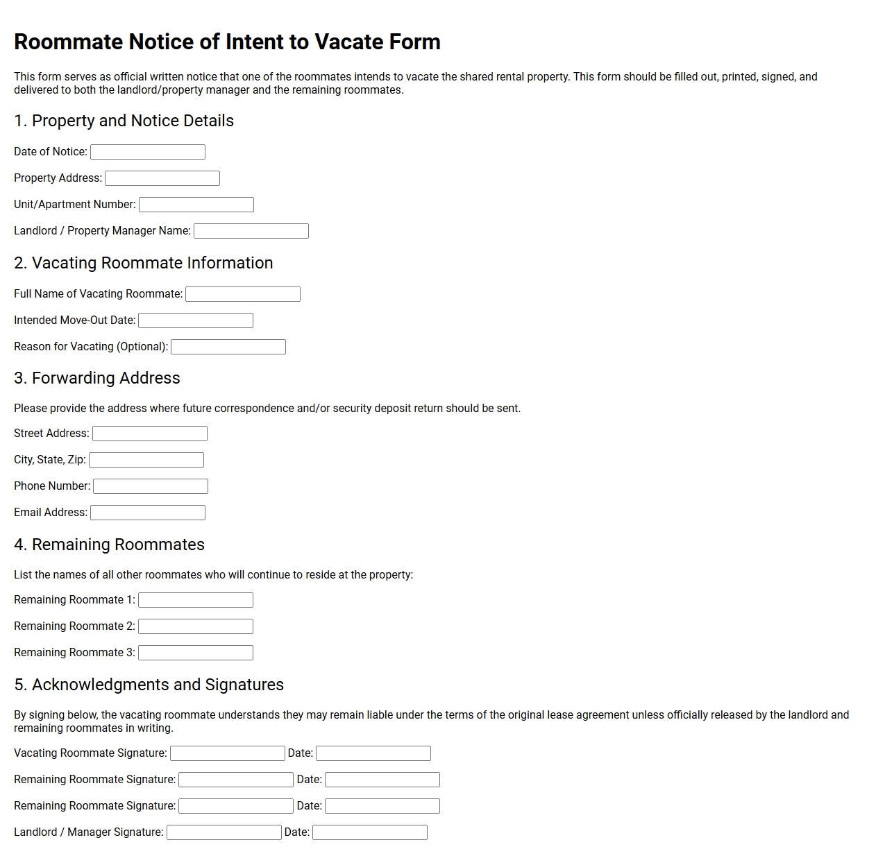 Roommate Notice of Intent to Vacate Form