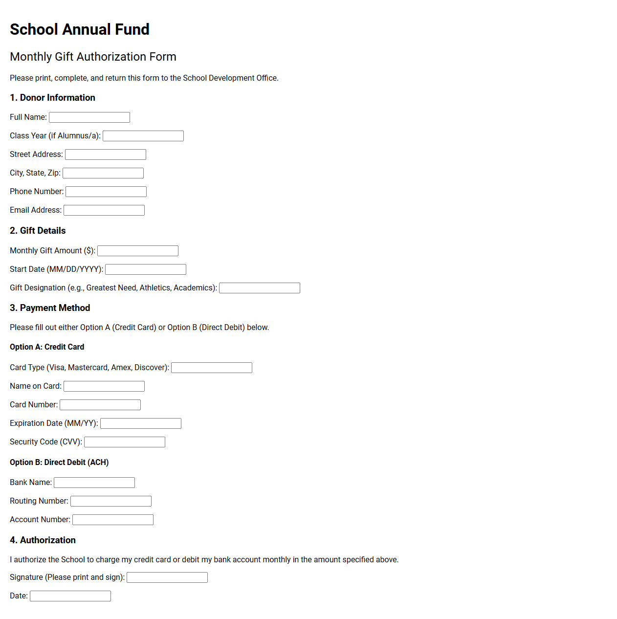 School Annual Fund Monthly Gift Form