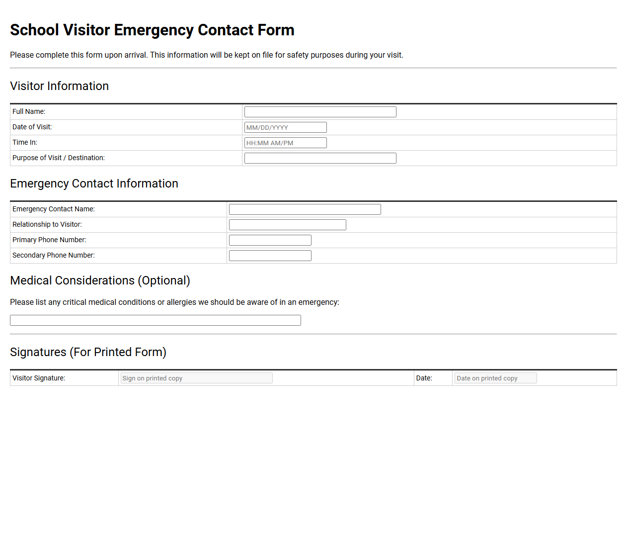 School Visitor Emergency Contact Form
