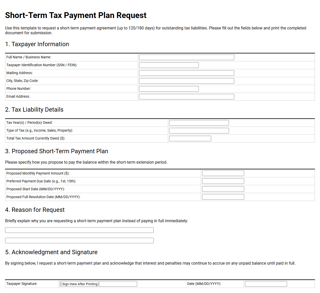 Short Term Tax Payment Plan Request Template