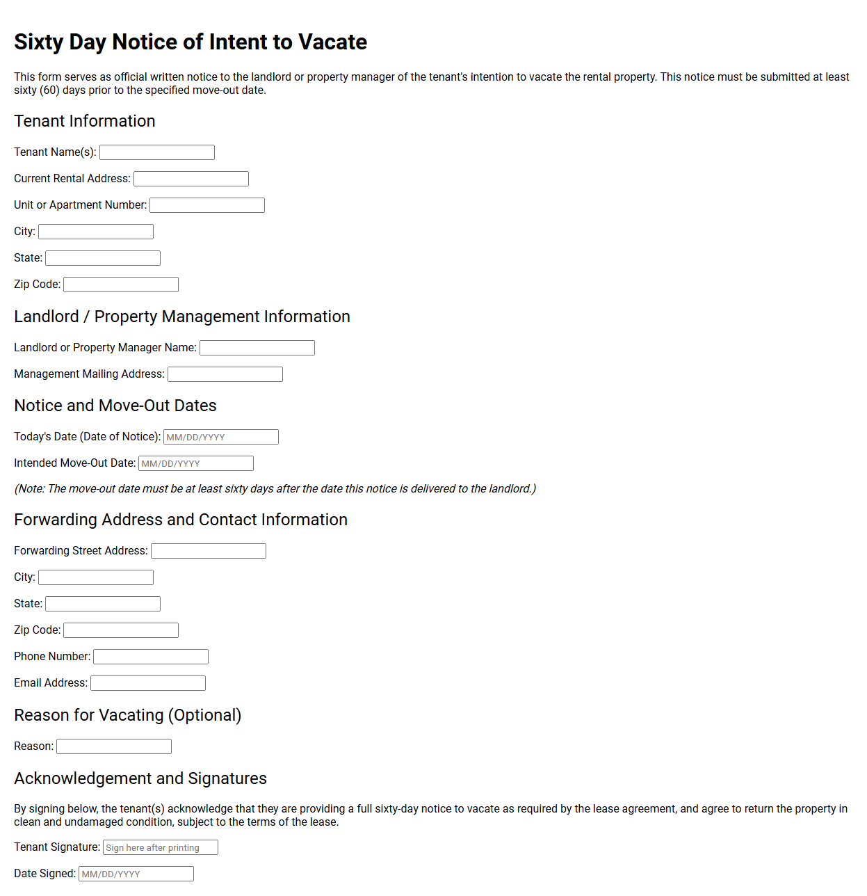 Sixty Day Notice of Intent to Vacate Form