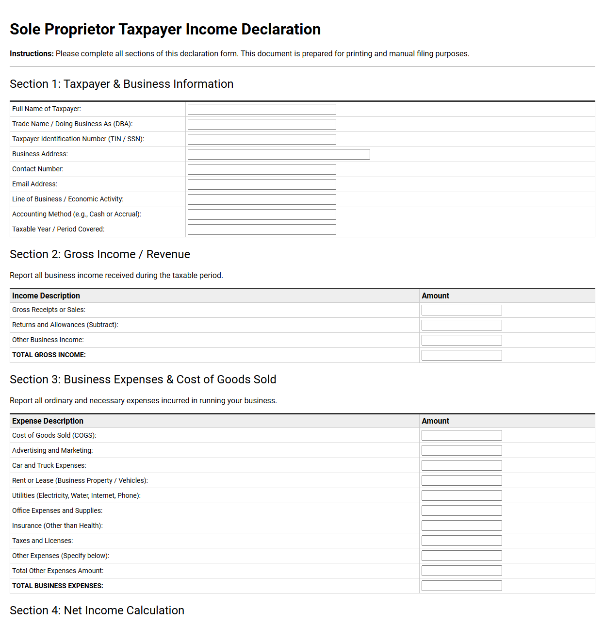 Sole Proprietor Taxpayer Income Declaration Template