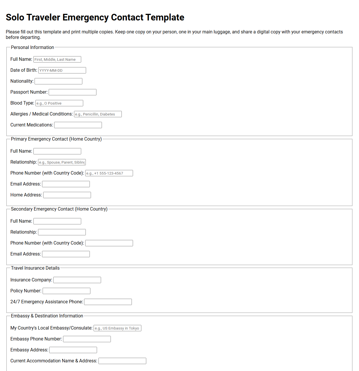 Solo Traveler Emergency Contact Template