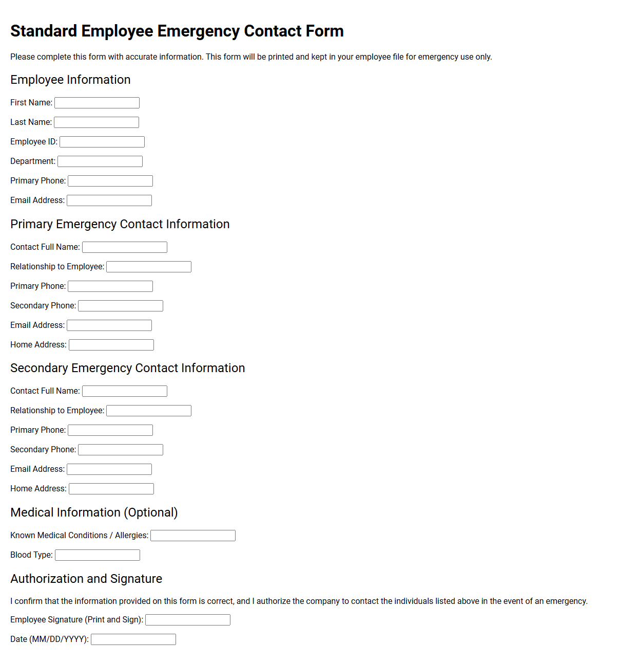 Standard Employee Emergency Contact Form Template