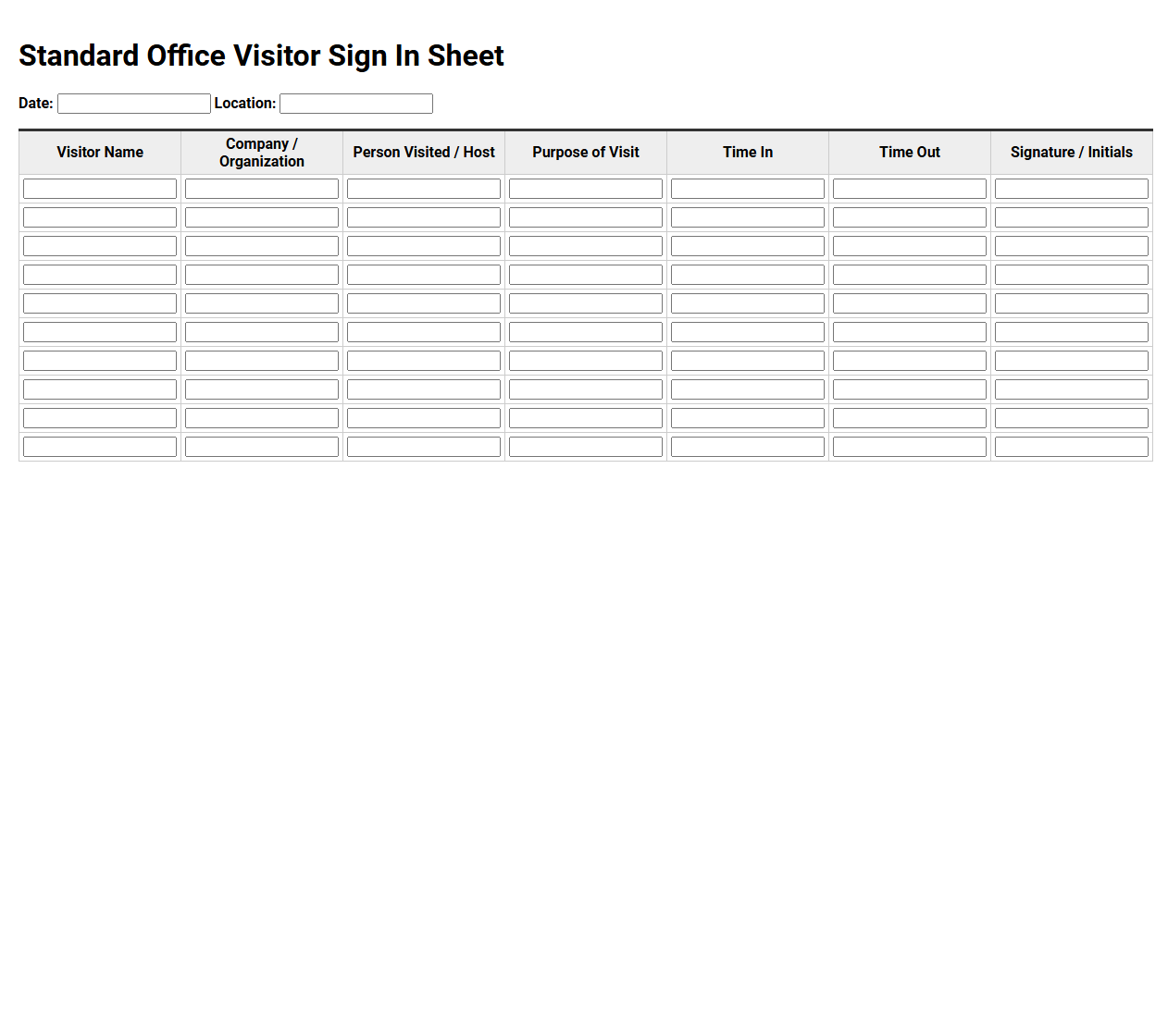 Standard Office Visitor Sign In Sheet