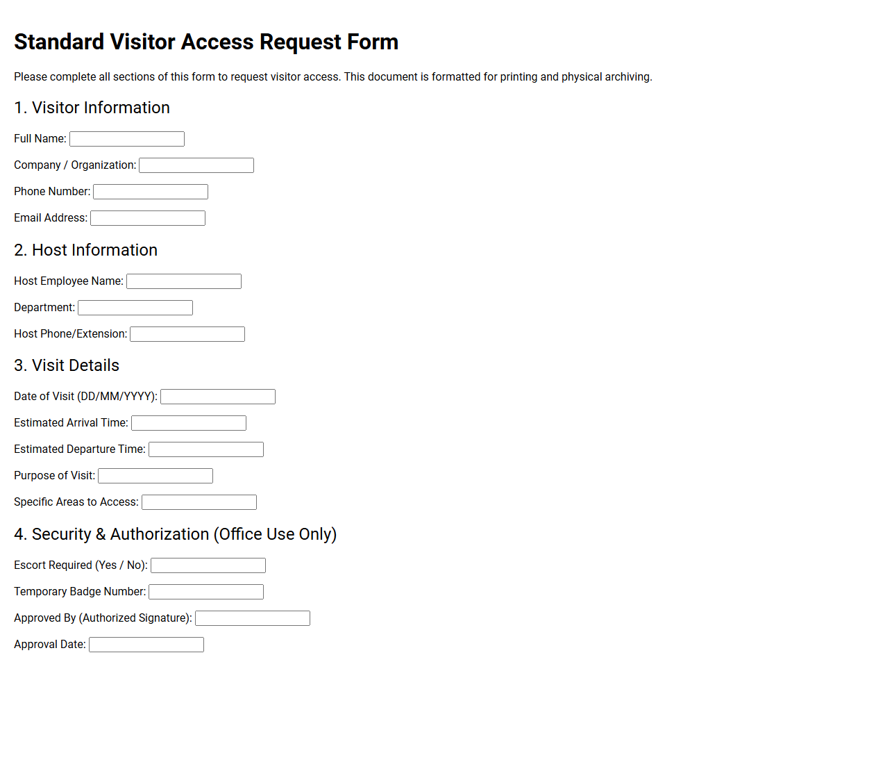 Standard Visitor Access Request Form Template