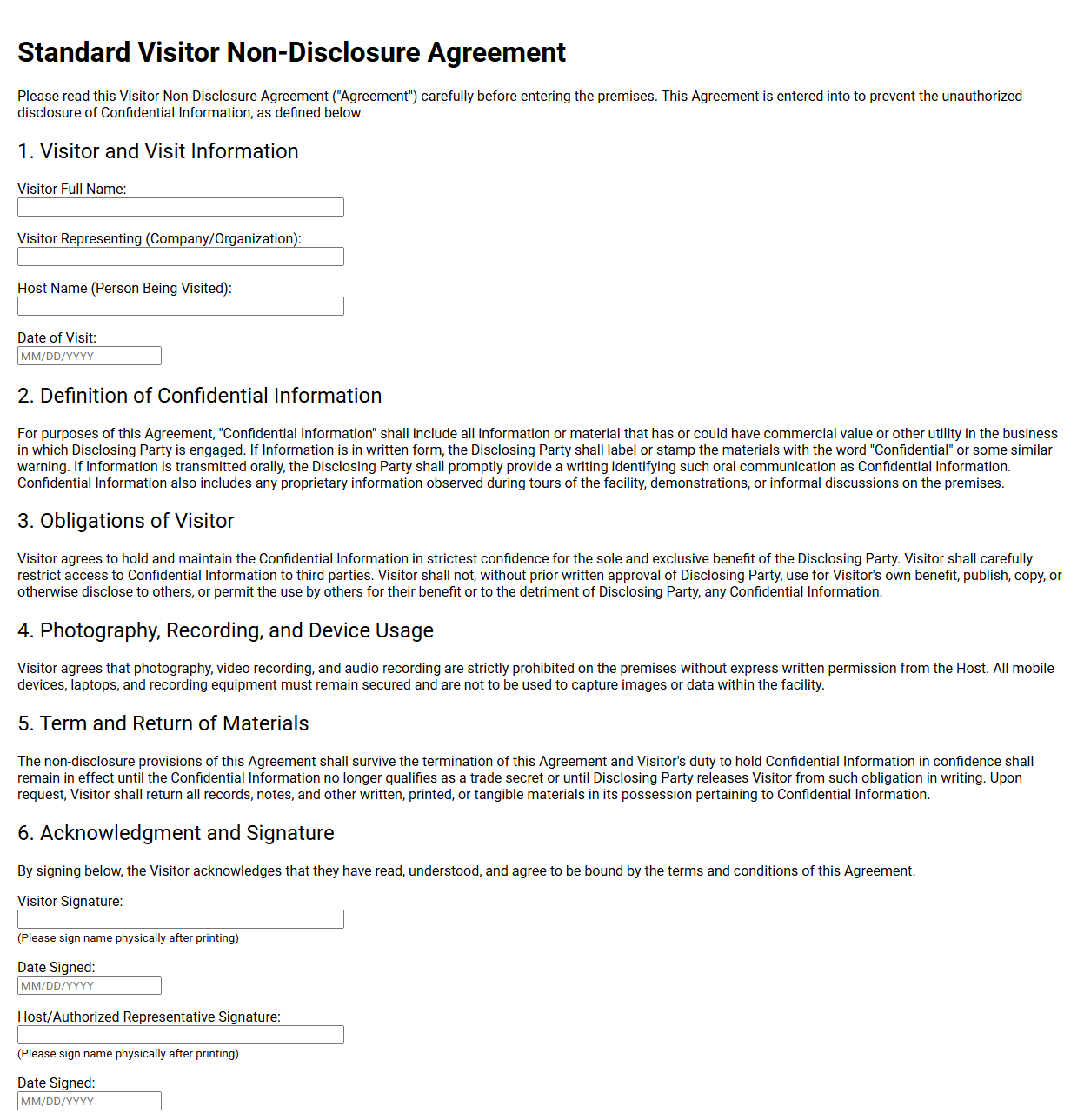 Standard Visitor Non-Disclosure Agreement Form