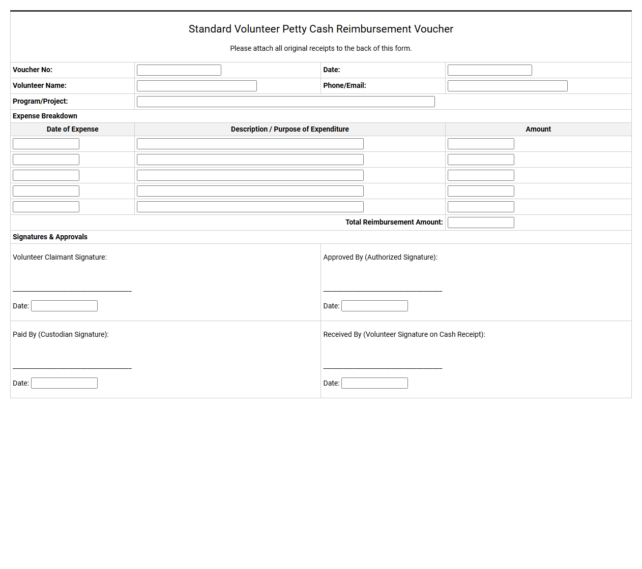 Standard Volunteer Petty Cash Reimbursement Voucher