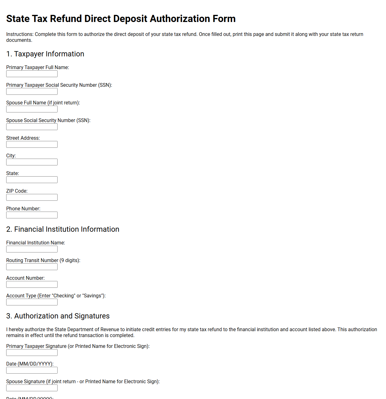 State Tax Refund Direct Deposit Authorization Form