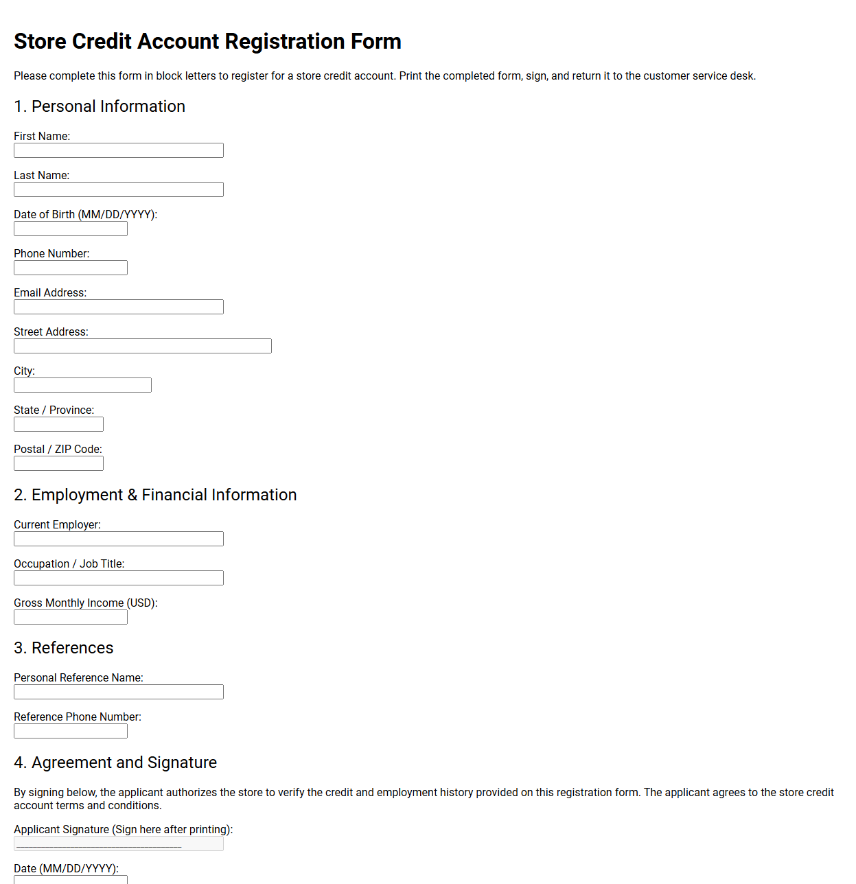 Store Credit Account Registration Form