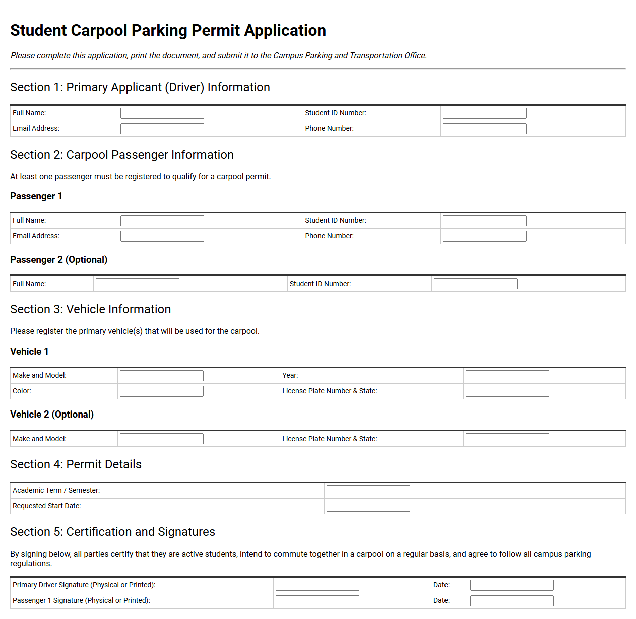 Student Carpool Parking Permit Application