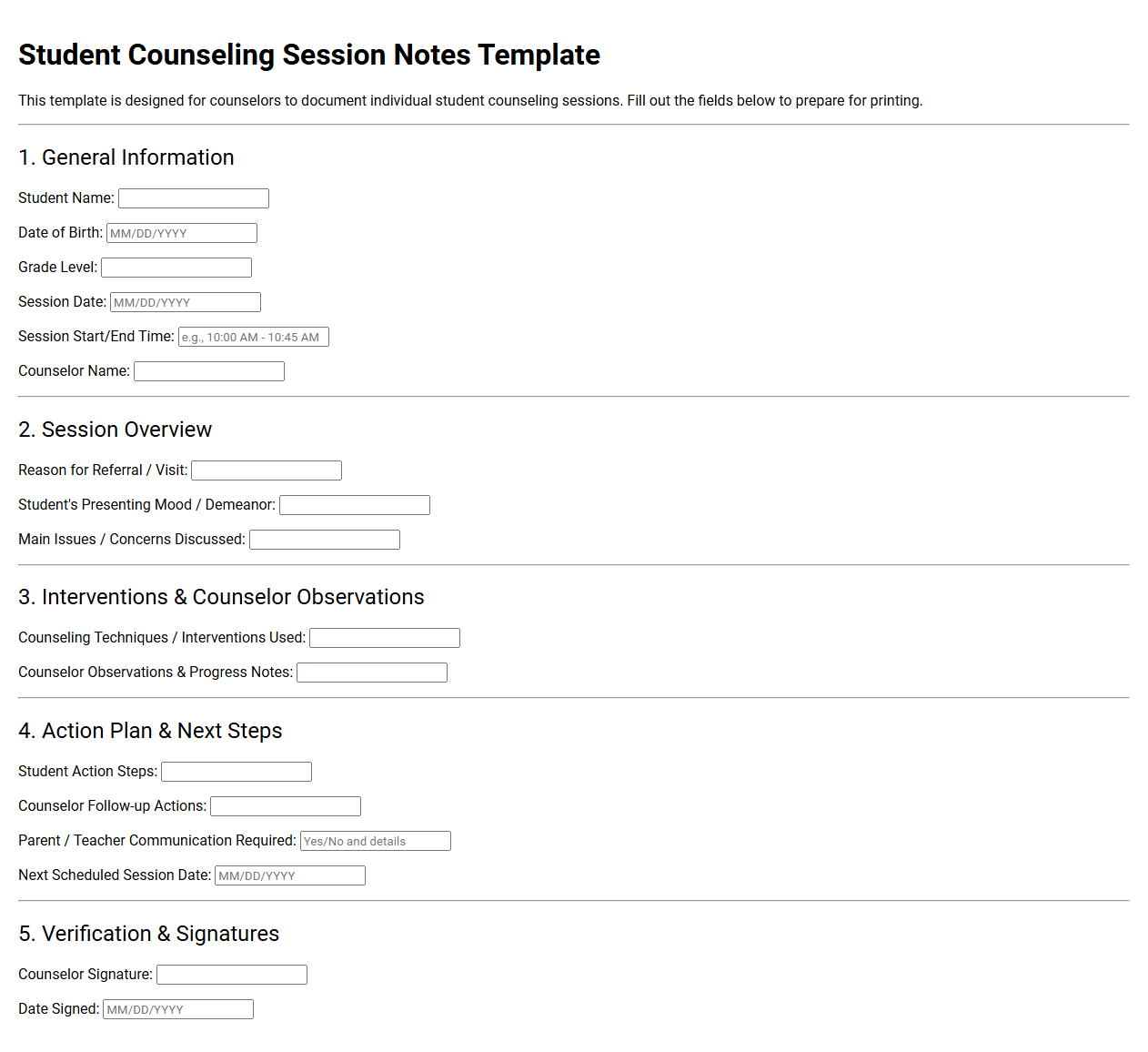 Student Counseling Session Notes Template