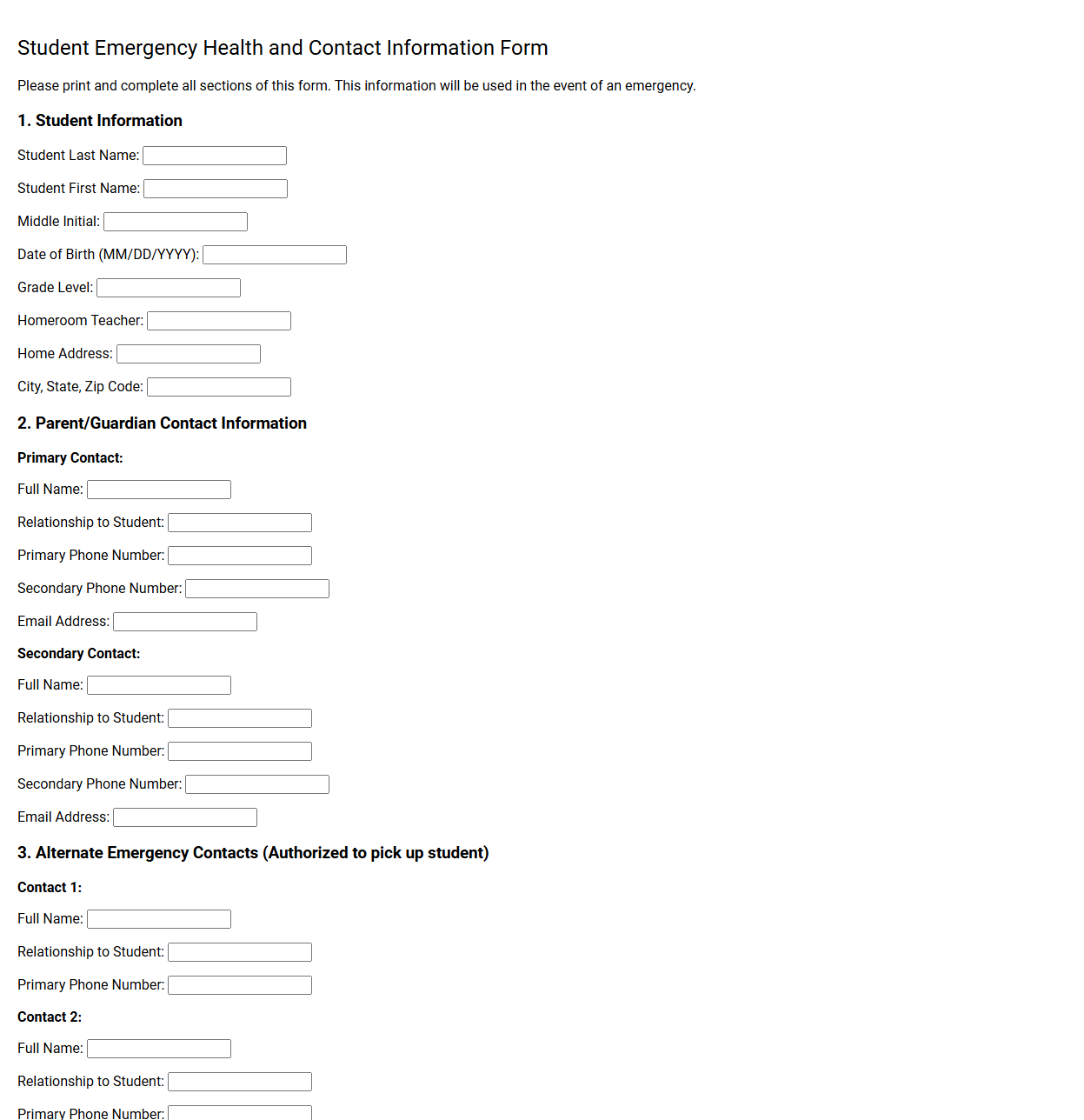 Student Emergency Health and Contact Information Form