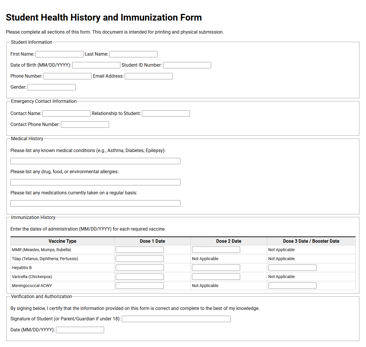 Student Health History and Immunization Form