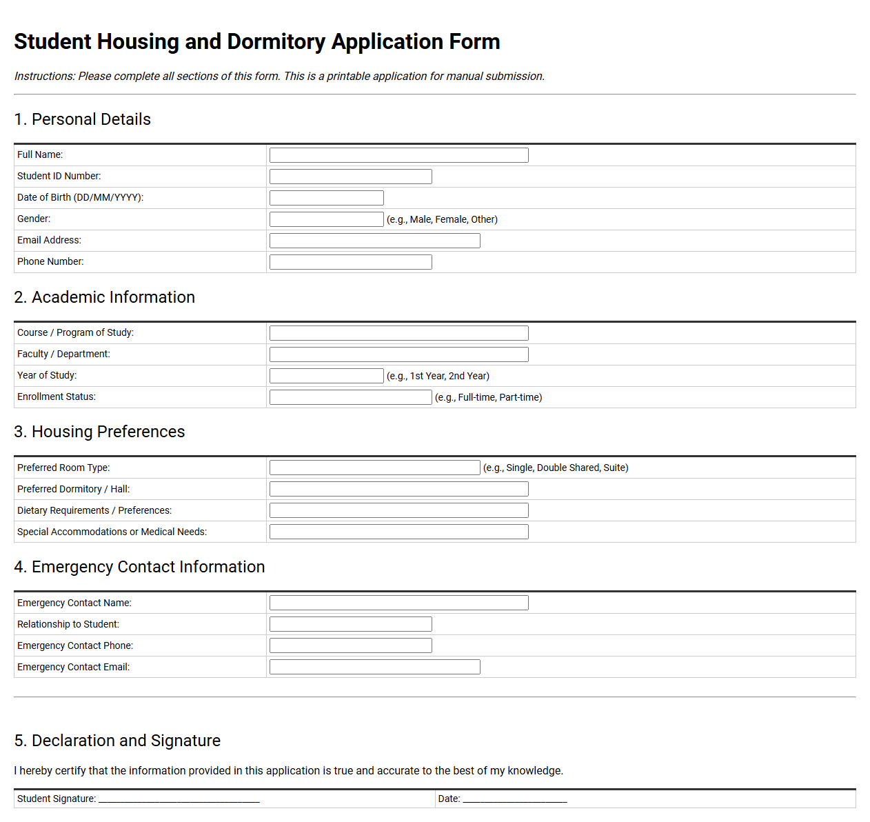 Student Housing and Dormitory Application Form