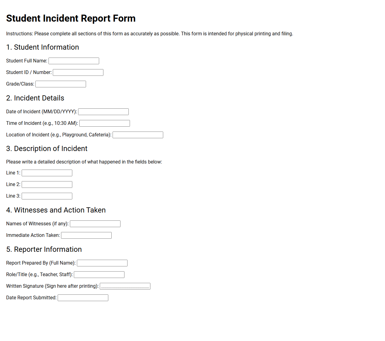 Student Incident Report Form