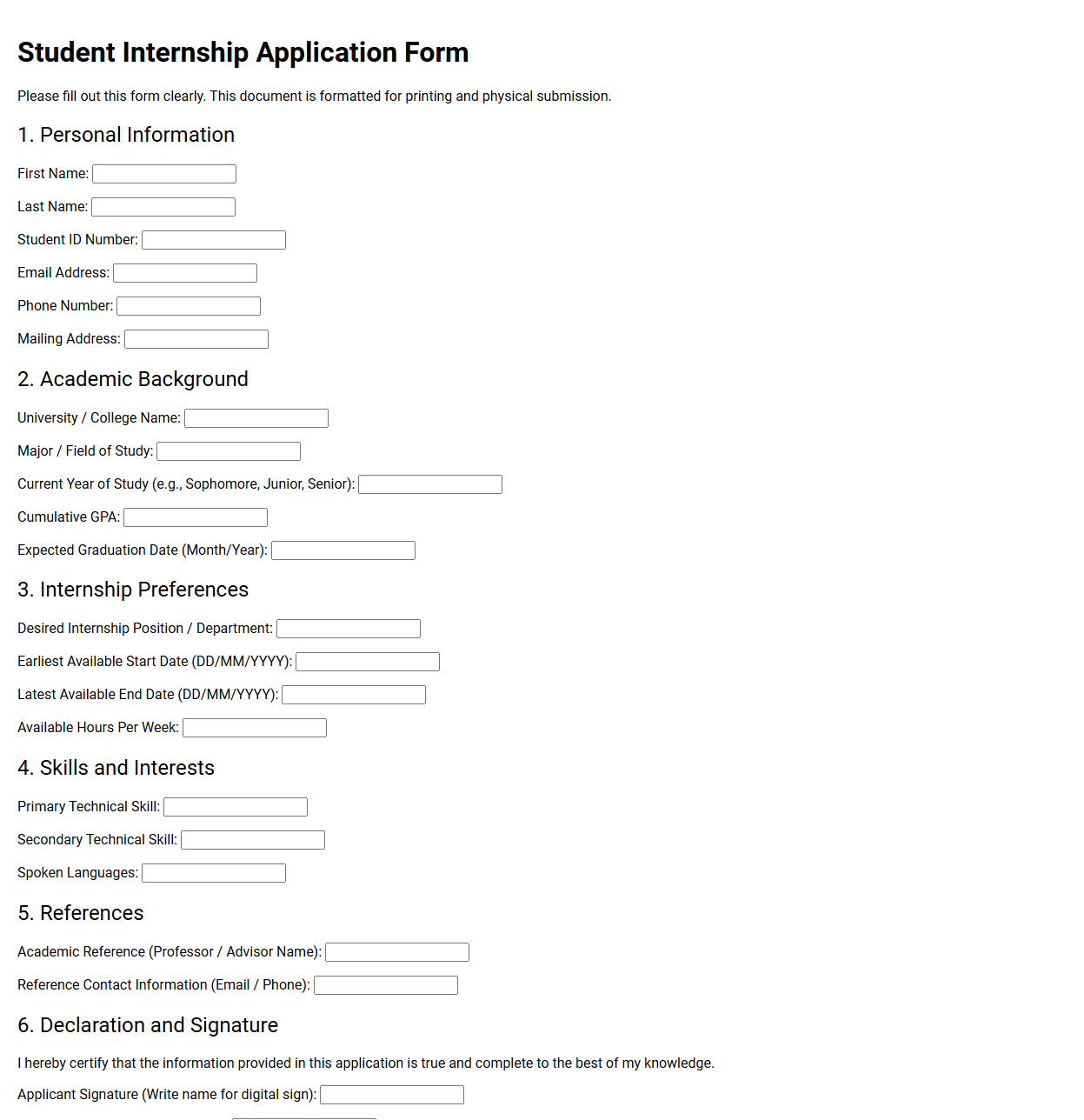 Student Internship Application Form