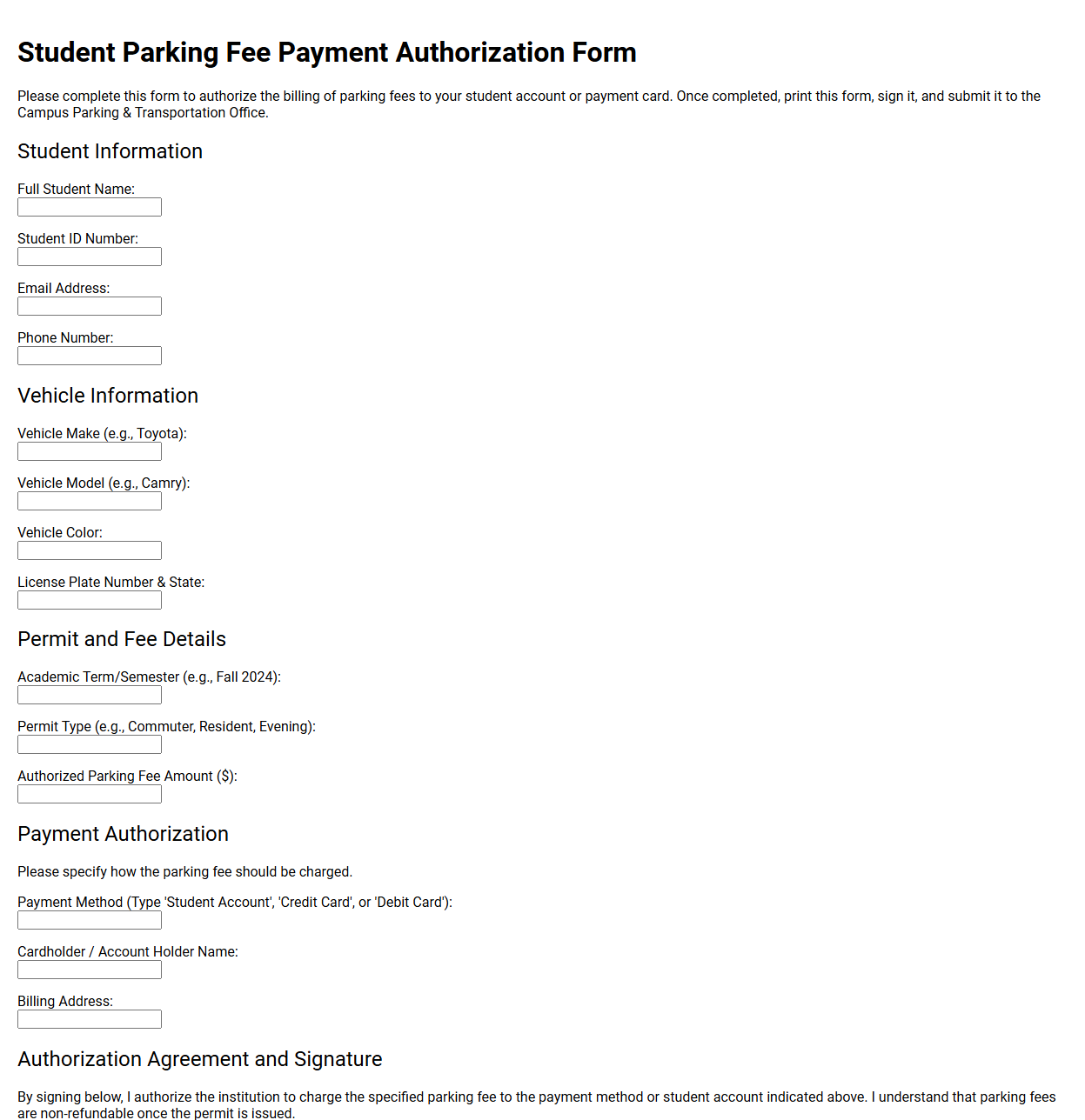 Student Parking Fee Payment Authorization Form