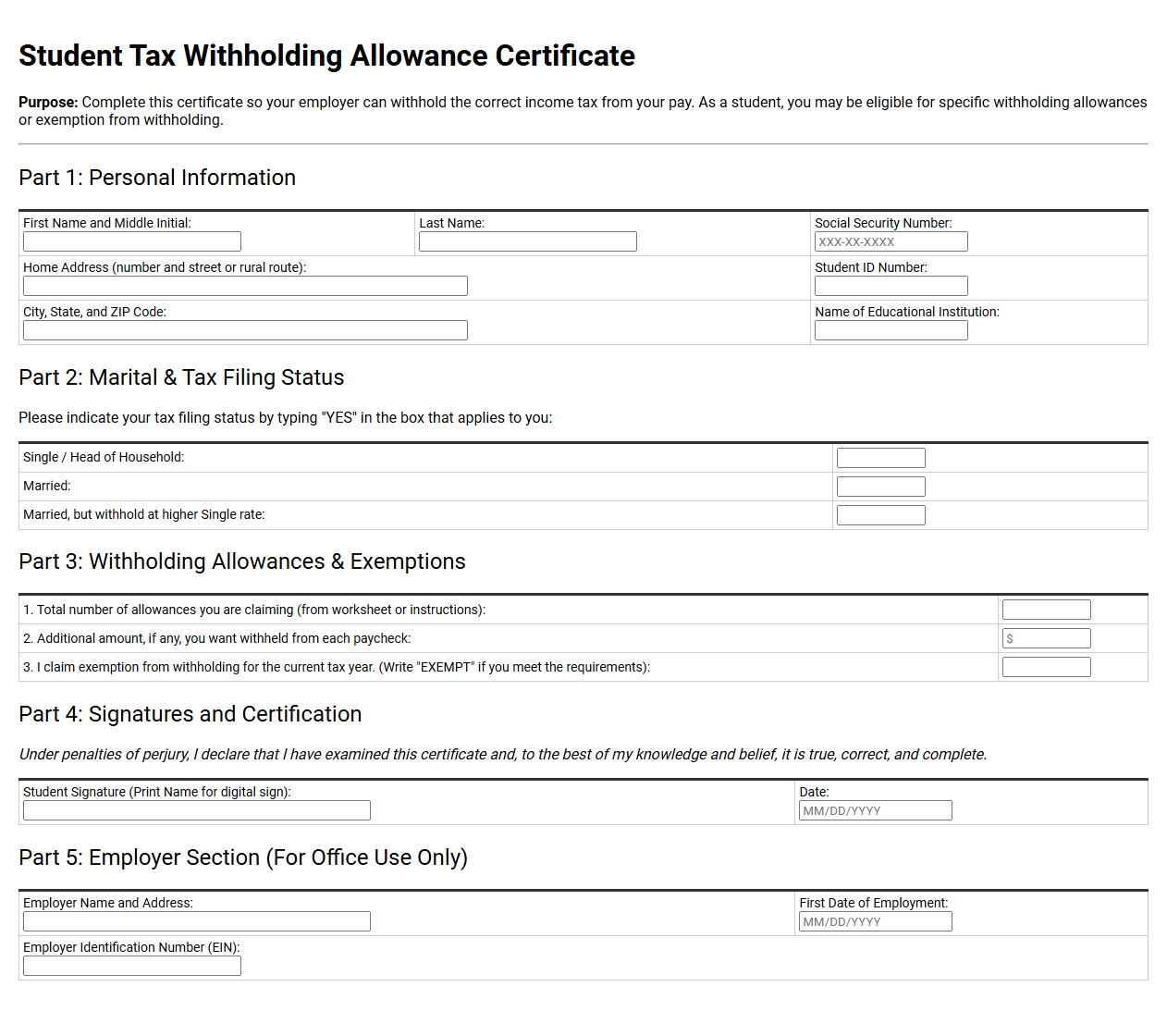 Student Tax Withholding Allowance Certificate Template