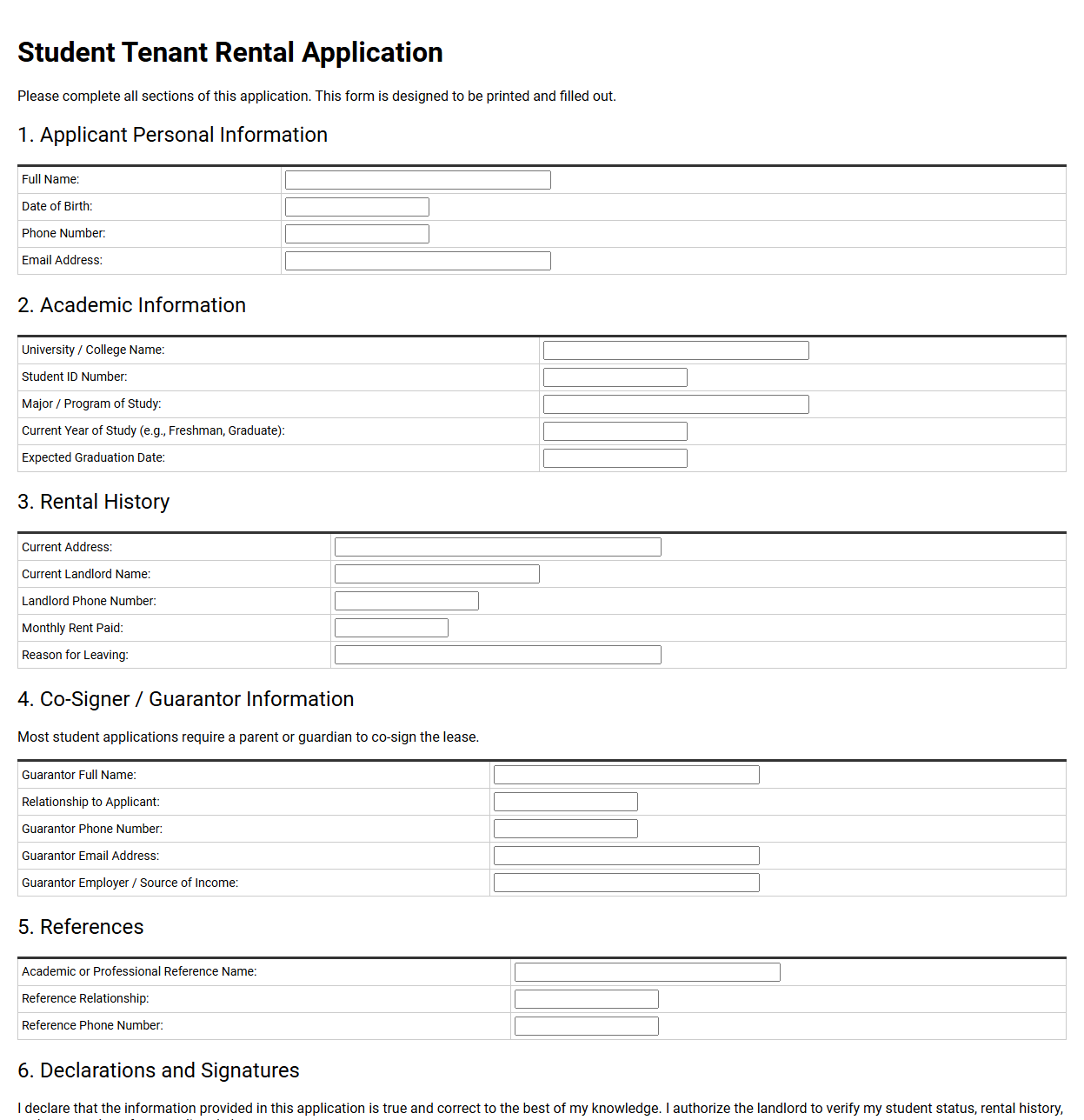 Student Tenant Rental Application Template