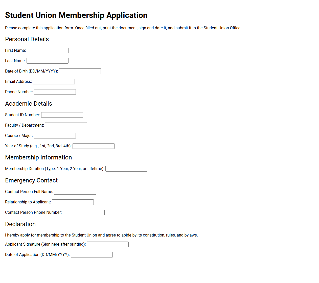 Student Union Membership Application