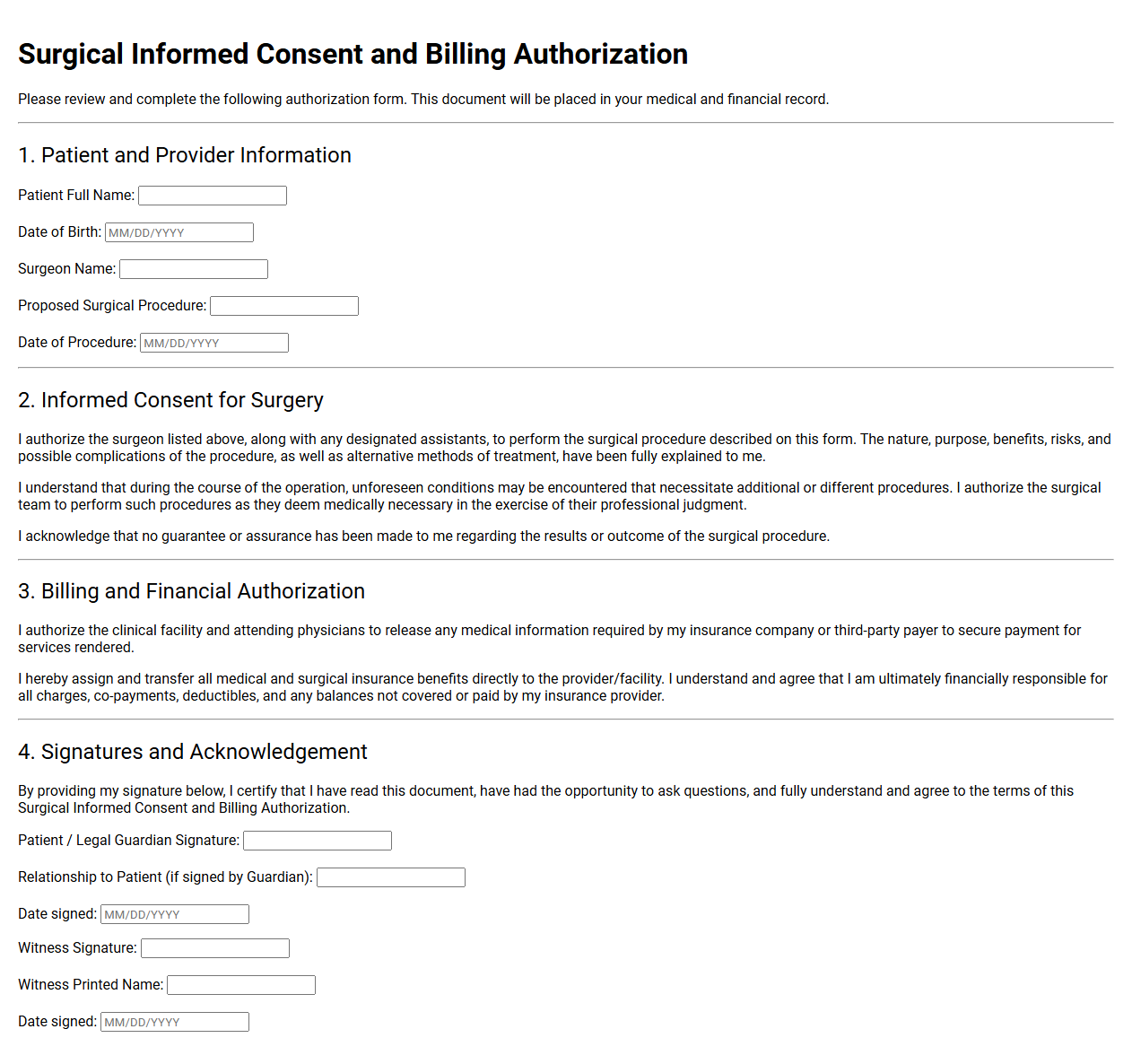 Surgical Informed Consent and Billing Authorization