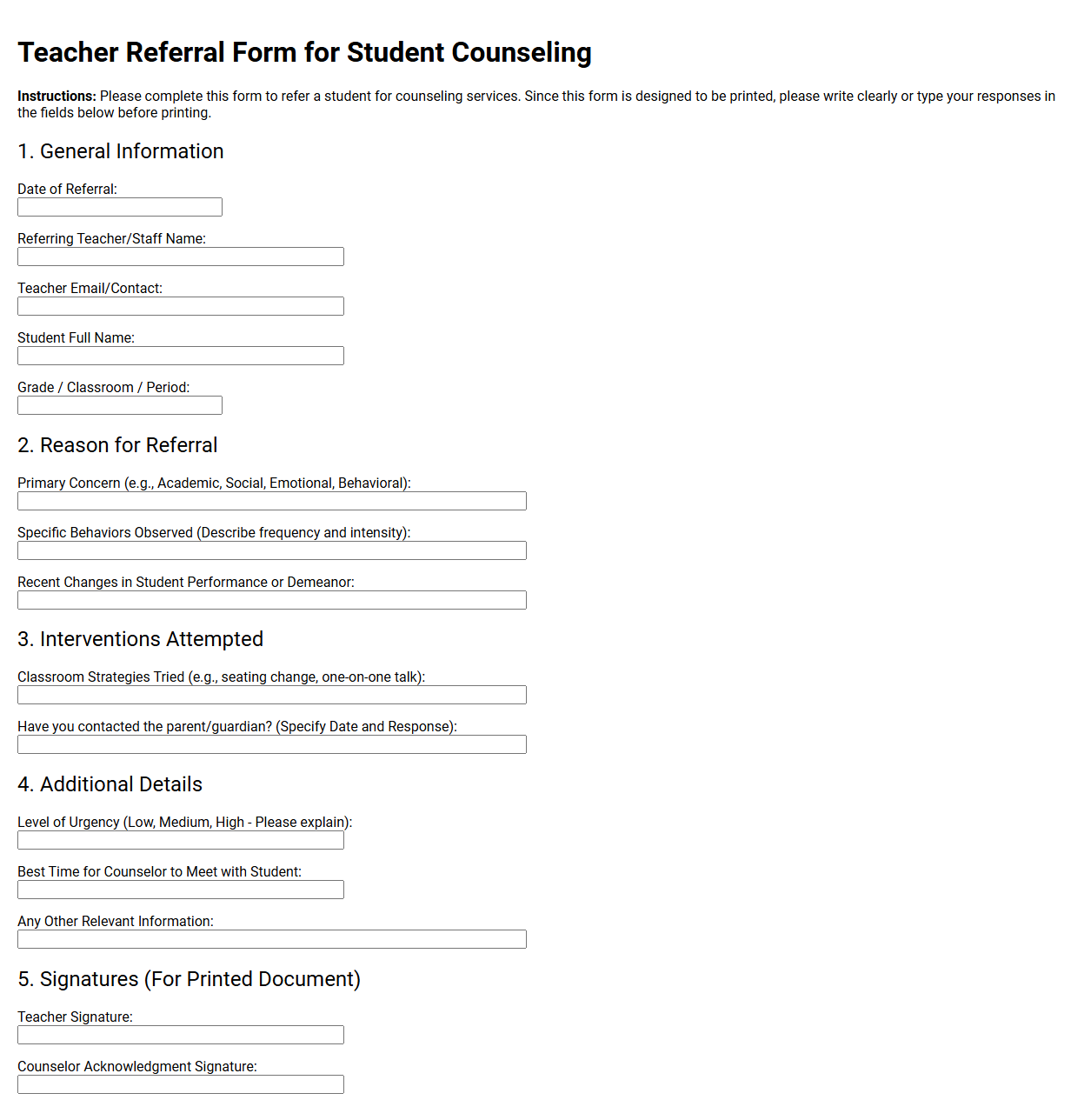 Teacher Referral Form for Student Counseling