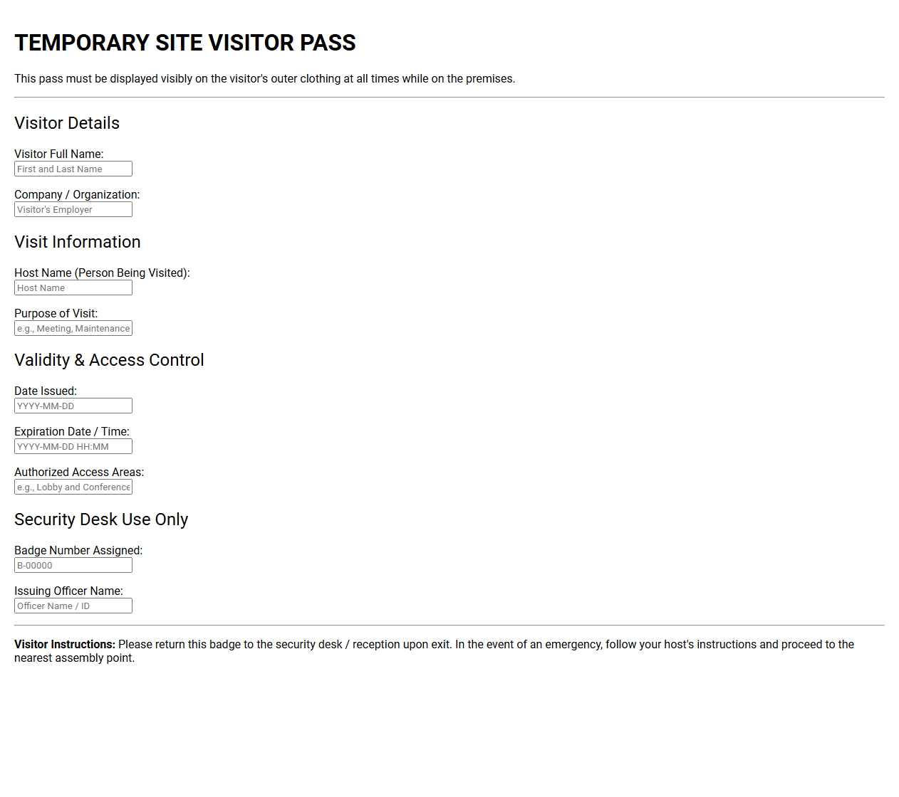 Temporary Site Visitor Pass and Badge Template