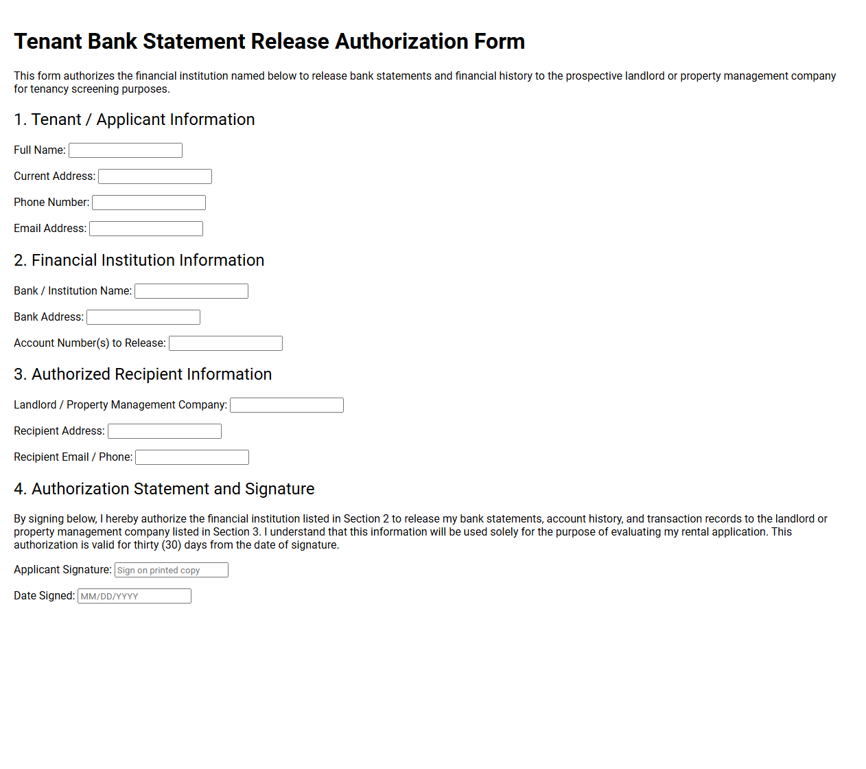 Tenant Bank Statement Release Authorization Form